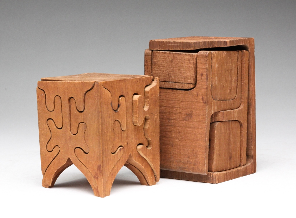 TWO AMERICAN FOLK ART PUZZLE CUBES.