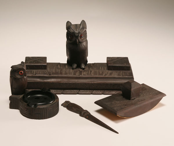 German carved wooden owl desk set