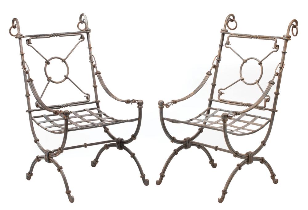 PAIR OF WROUGHT IRON CURULE ARMCHAIRSPair 319af0