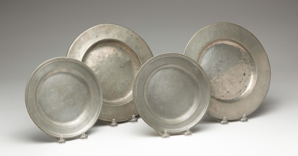 FOUR ENGLISH PEWTER PLATES First 319b02