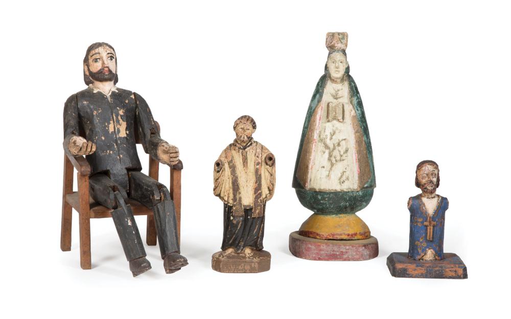 FOUR ANTIQUE POLYCHROMED FIGURES