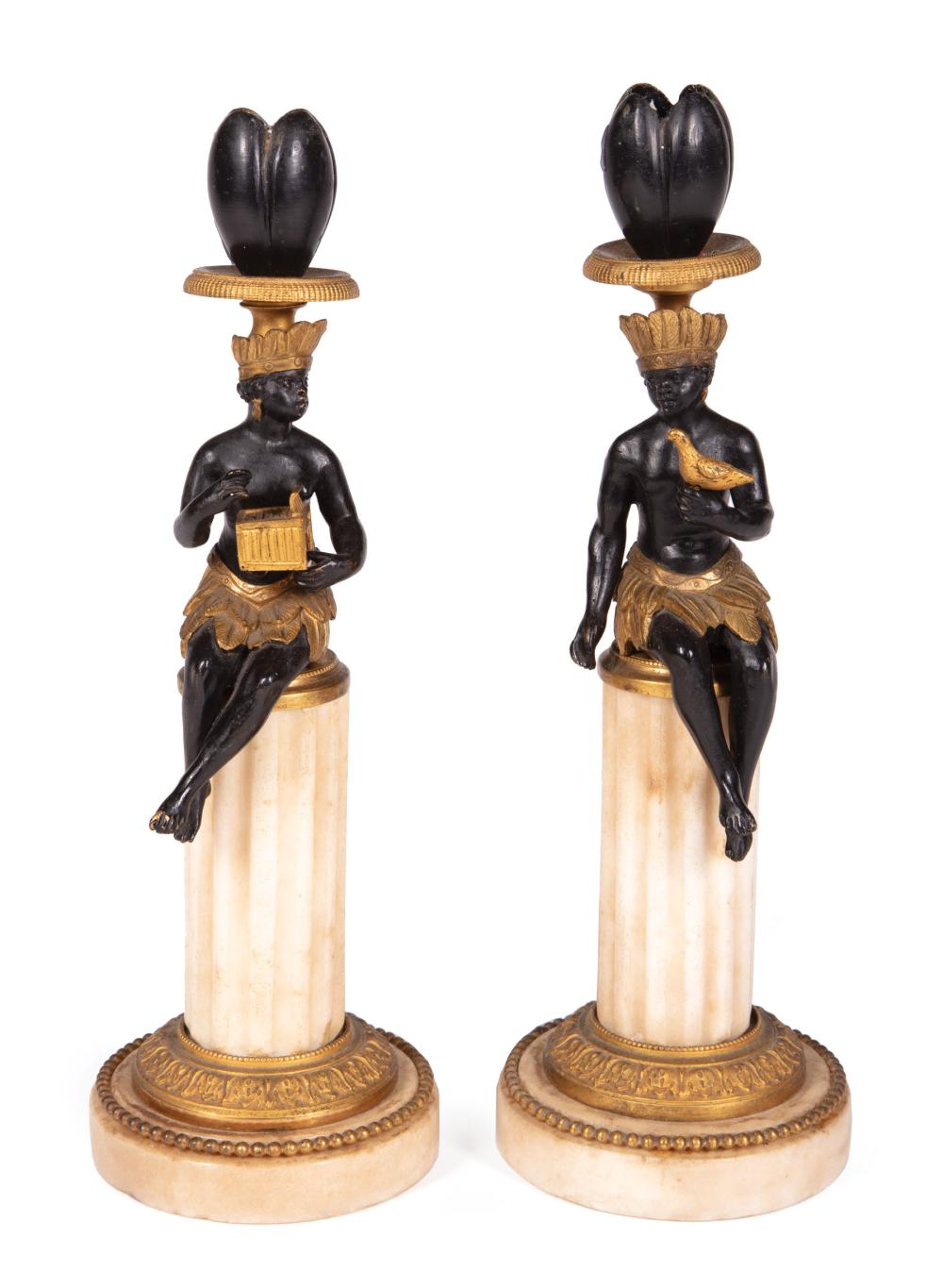 BRONZE AND MARBLE FIGURAL CANDLESTICKSPair 319be2