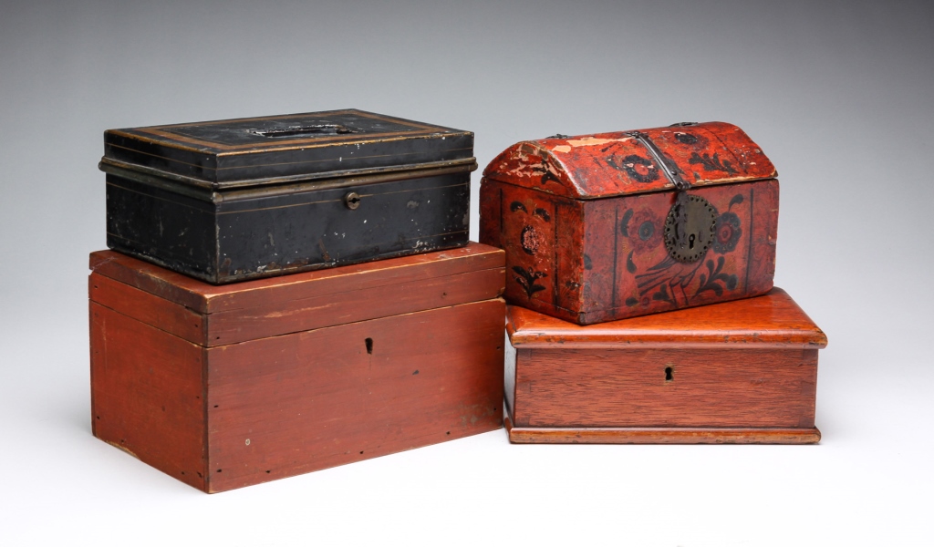 FOUR DECORATED DOCUMENT BOXES  319d13