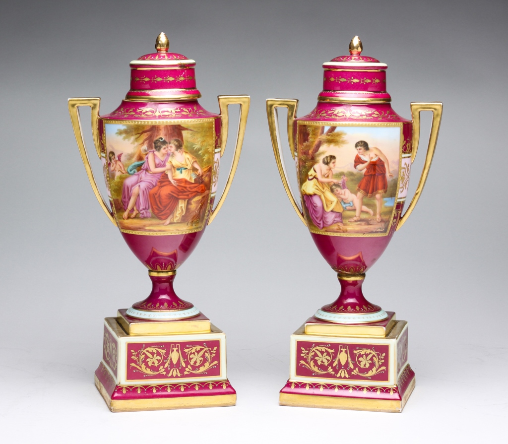 ROYAL VIENNA PORCELAIN COVERED URNS.