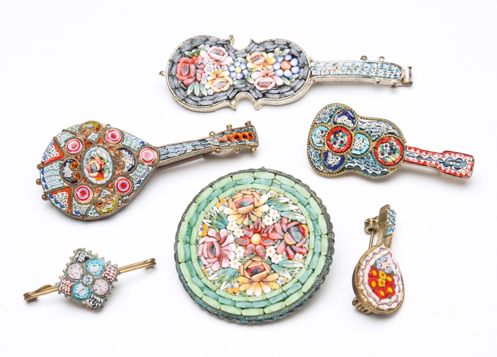 SIX VINTAGE MICRO MOSAIC PINS - FOUR