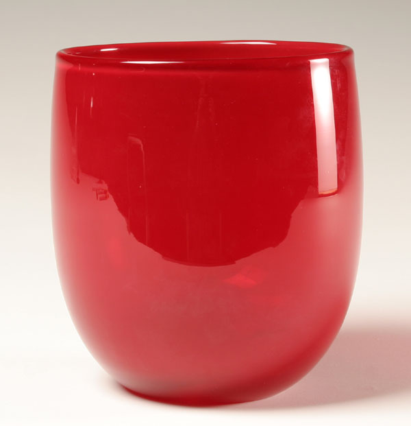 Red studio art glass vase. 8 1/8H.