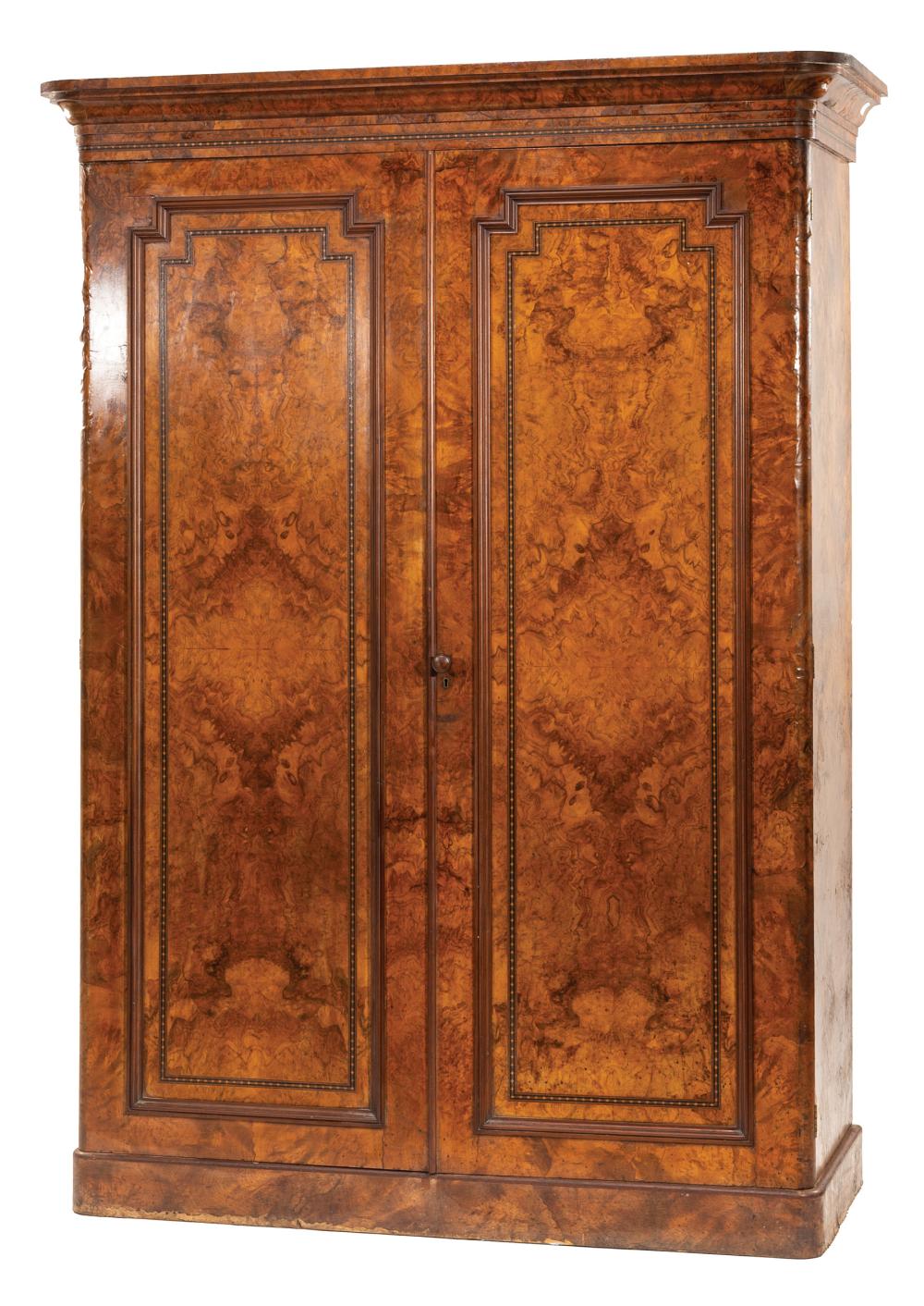 ENGLISH INLAID BURLED WALNUT ARMOIREAntique