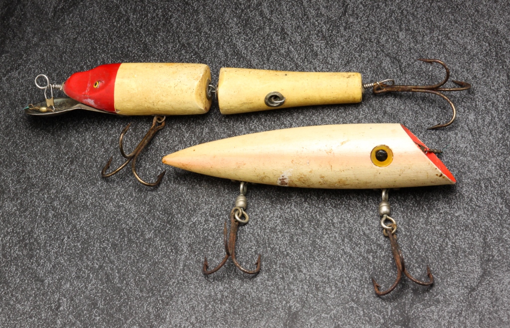 TWO WOODEN FISHING LURES. American,