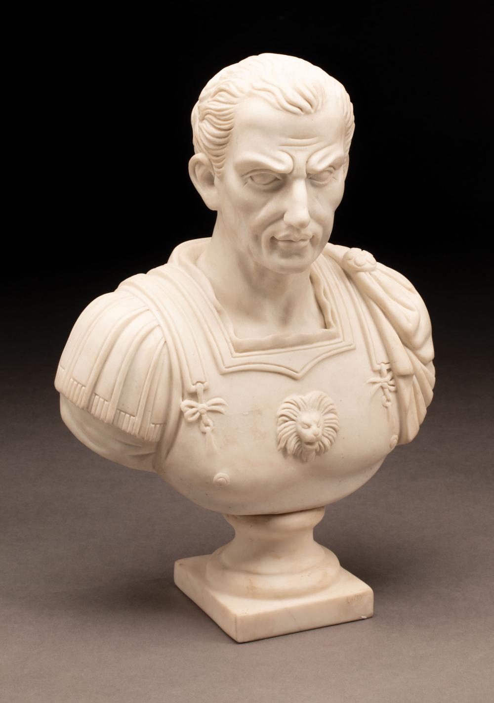 CARVED WHITE MARBLE BUST OF A CUIRASSED