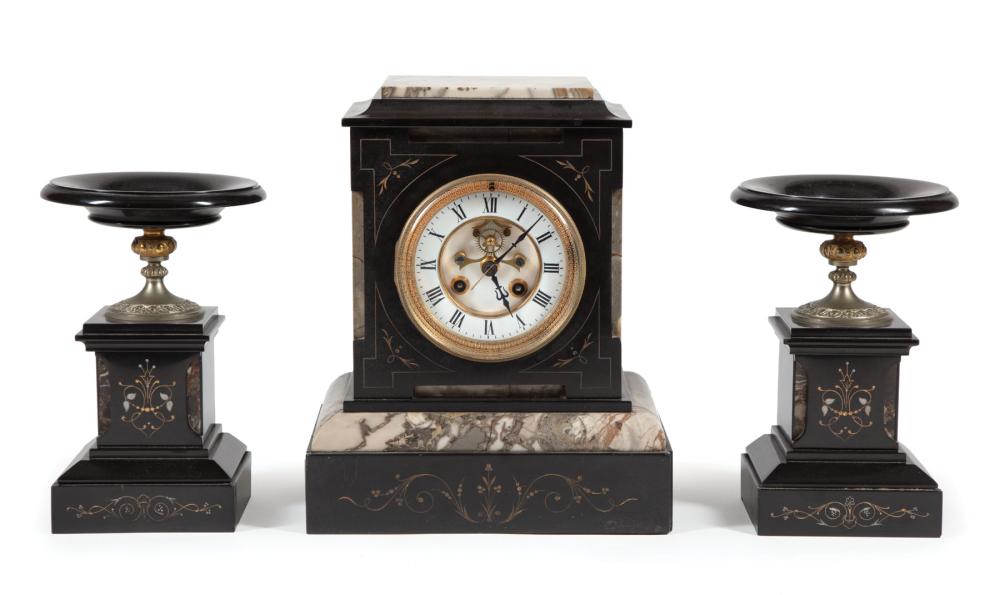 FRENCH MARBLE THREE-PIECE CLOCK GARNITUREAntique