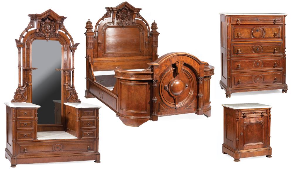 CARVED AND BURLED WALNUT BEDROOM SUITEAmerican