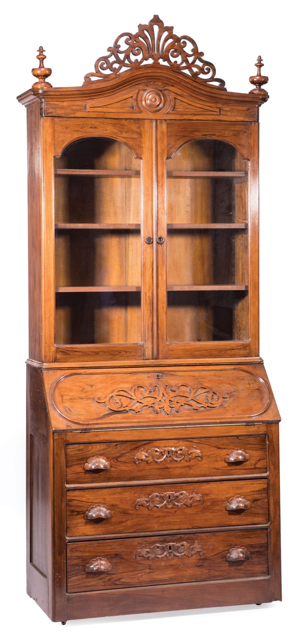 CARVED ROSEWOOD AND GRAINED SECRETARY