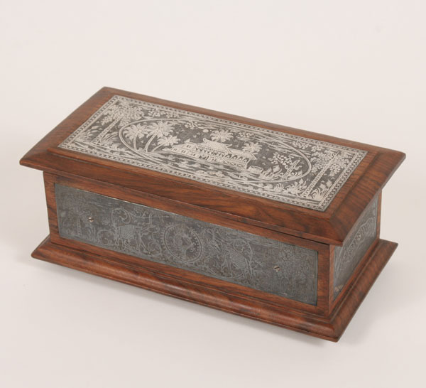 Footed wooden box with metal panels;