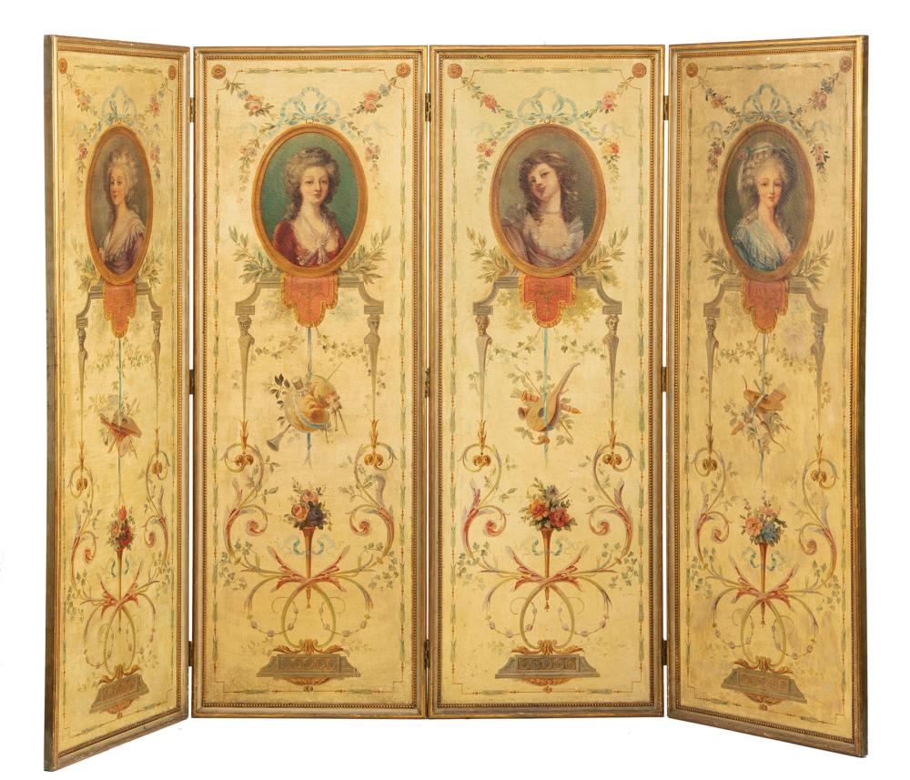 FRENCH PAINTED CANVAS FOUR-PANEL