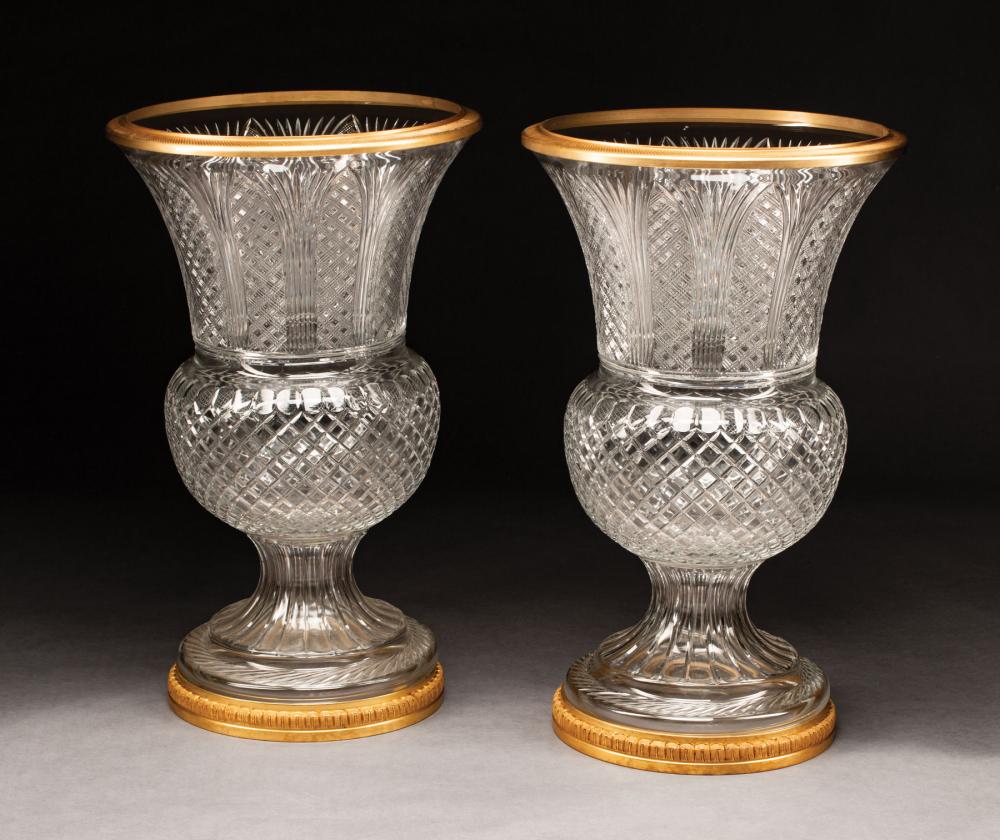 GILT BRONZE-MOUNTED CUT GLASS URNSPair