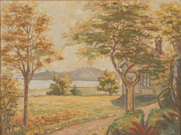 Unknown vintage cottage landscape; oil