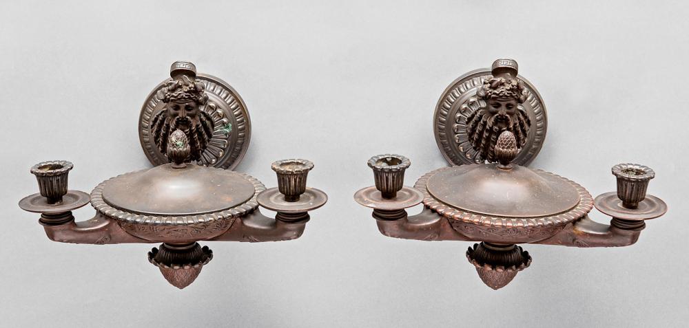 PAIR OF LATE REGENCY BRONZE TWO-LIGHT