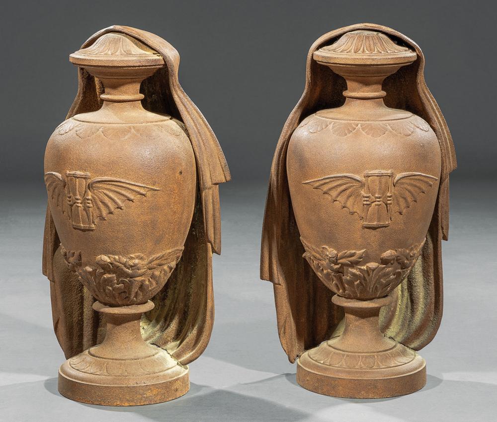 PAIR OF CAST IRON FUNERARY URNSRare