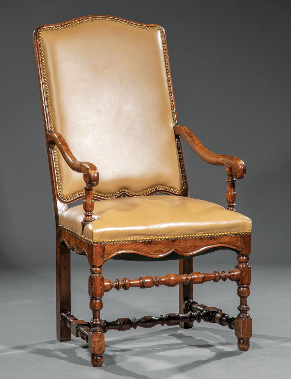 LOUIS XIV-STYLE CARVED WALNUT FAUTEUILAntique