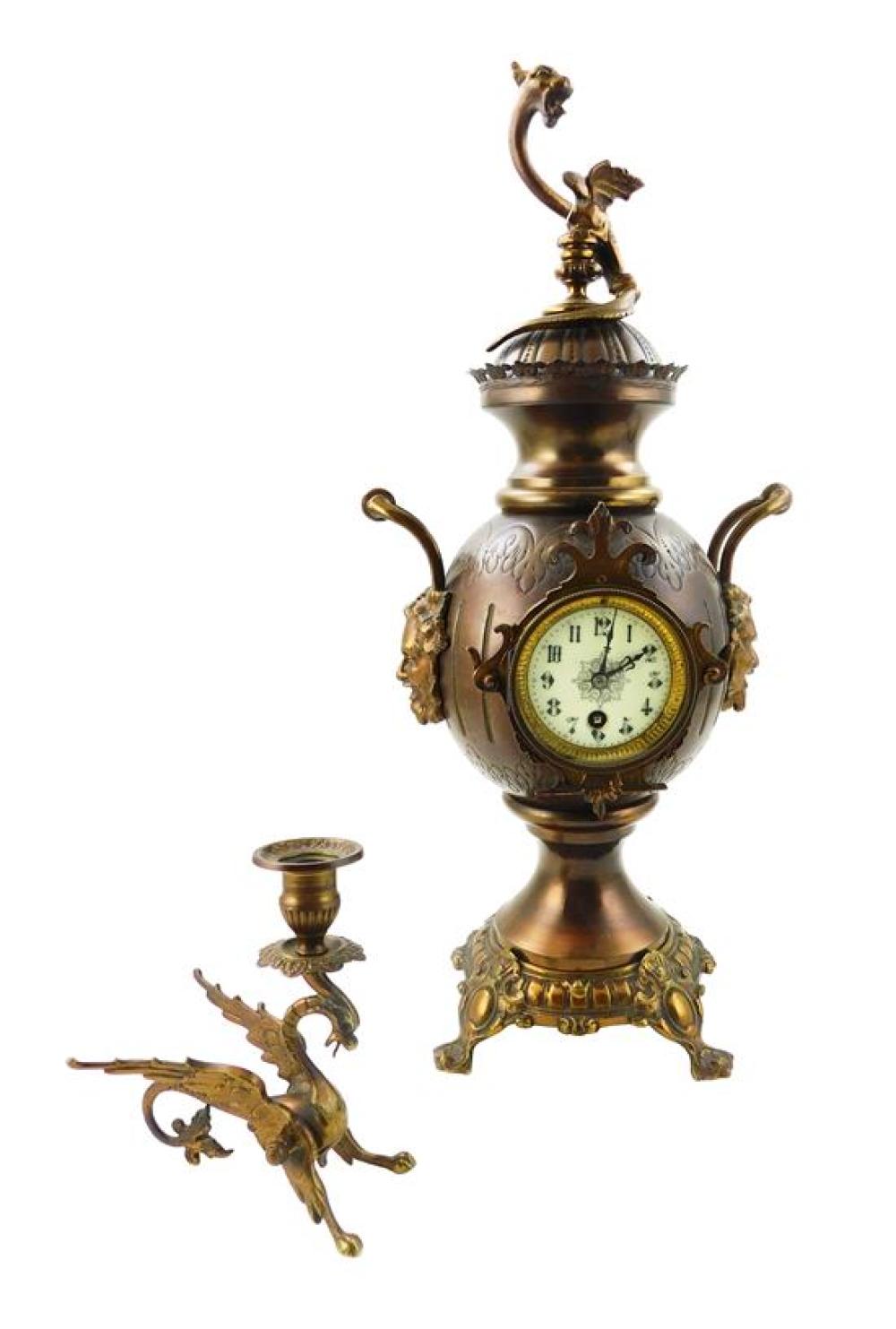 BRONZE URN MANTLE CLOCK AND CANDLESTICK: