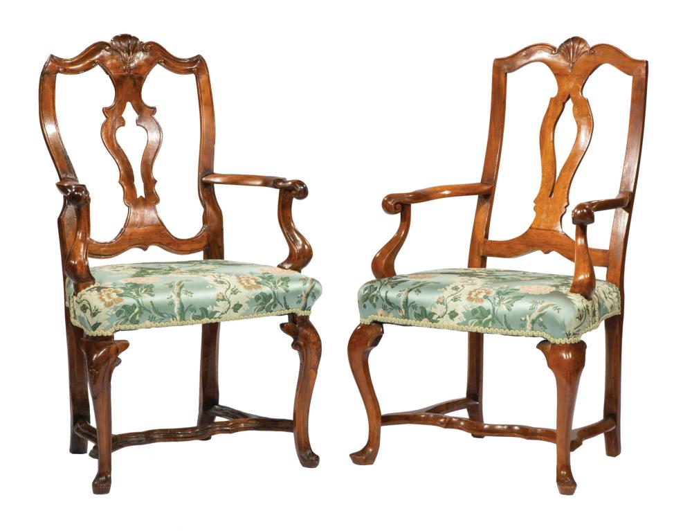 TWO ITALIAN CARVED FRUITWOOD ARMCHAIRSTwo
