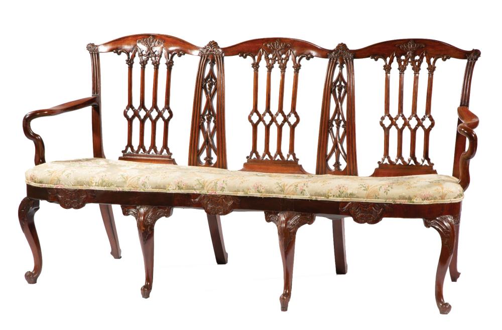 CARVED MAHOGANY TRIPLE BACK SETTEEChippendale Style 31cf86