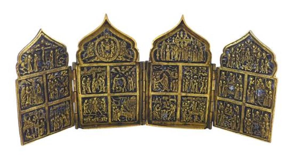 RUSSIAN BRONZE FOLDING ICON, PROBABLY