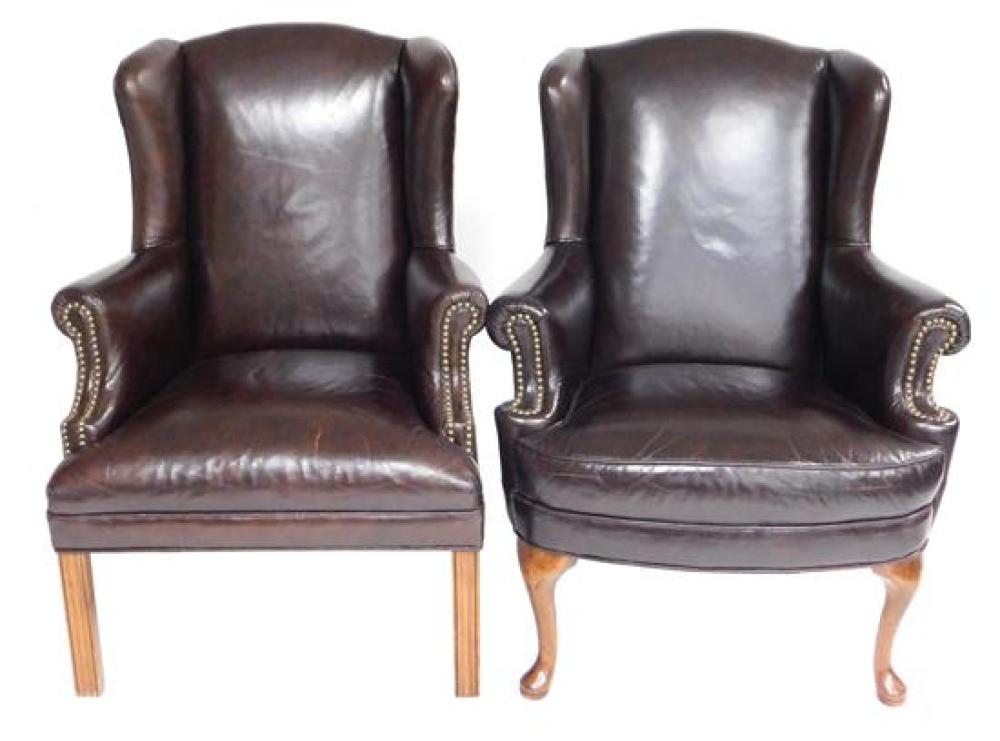 BROWN LEATHER ARMCHAIRS, ASSEMBLED