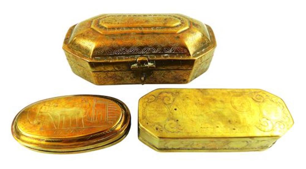 THREE EARLY ENGRAVED BRASS TOBACCO