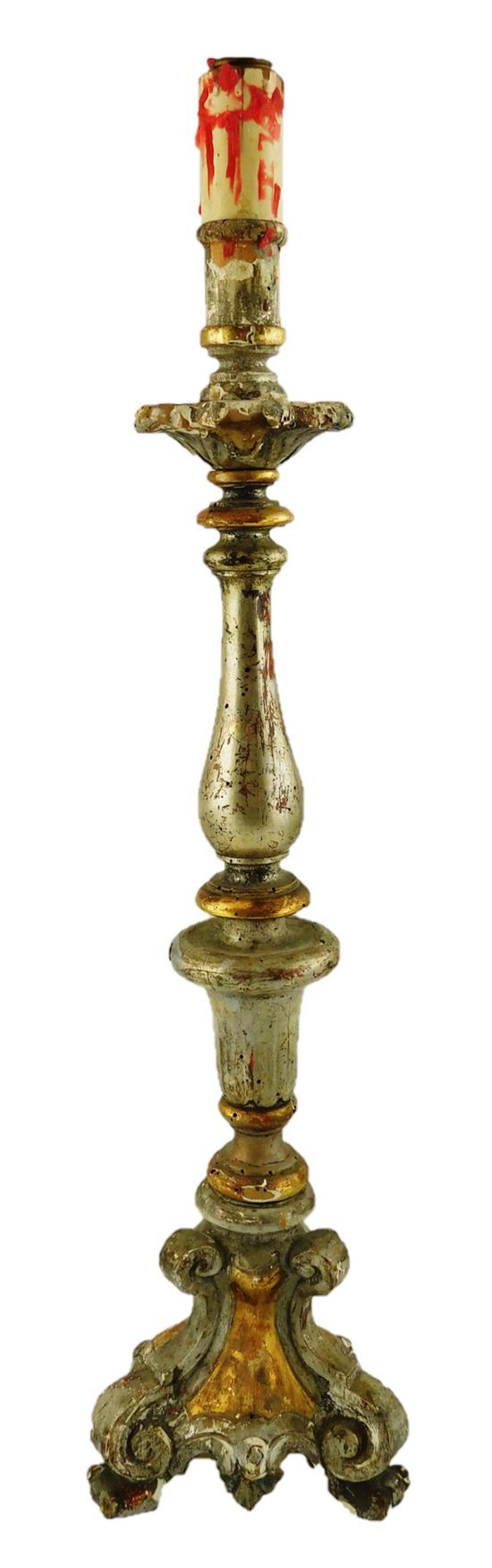 SILVERED AND GILT WOOD CANDLESTICK,
