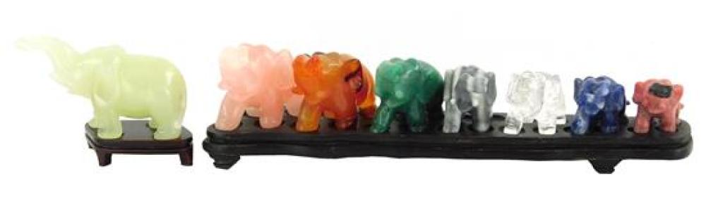 CARVED HARDSTONE ELEPHANTS, EIGHT PIECES,