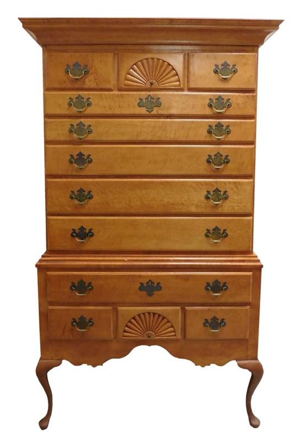 HIGHBOY IN TWO PARTS, FIGURED MAPLE,
