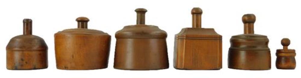 SIX TREEN (WOODEN) BUTTER STAMPS/PRESSES,
