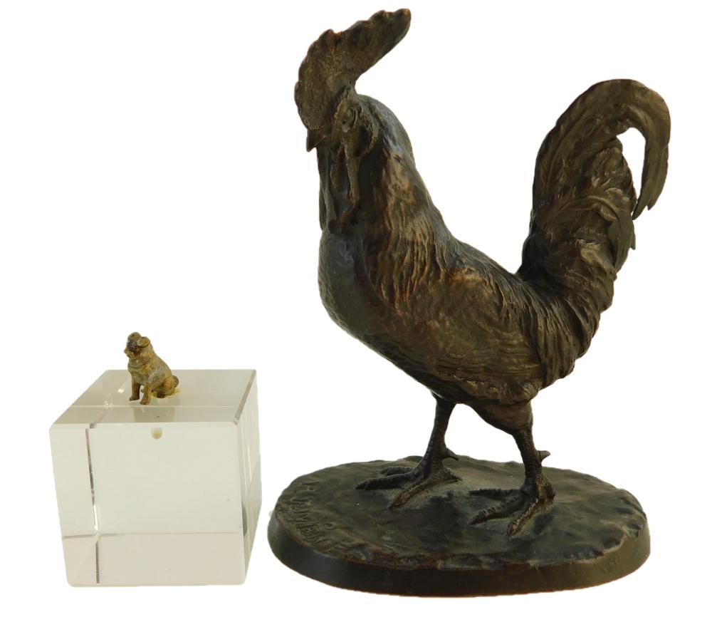 TWO SMALL BRONZES: ONE ROOSTER