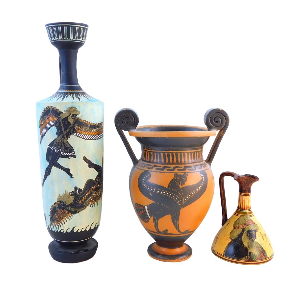 THREE ANCIENT GREEK-STYLE POTTERY REPRODUCTIONS,