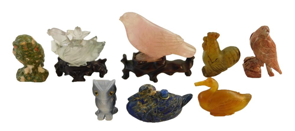 CARVED HARDSTONE BIRDS, EIGHT PIECES,