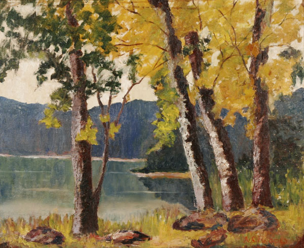 Lake mountain landscape; oil on