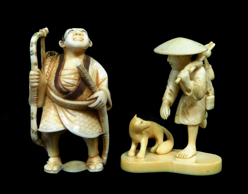 ASIAN: TWO CARVINGS, ONE IVORY