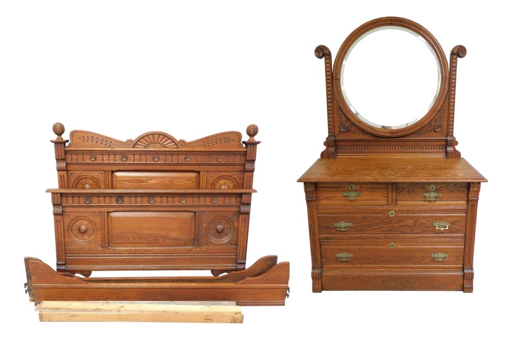 BED STEAD AND BUREAU, EASTLAKE, OAK: