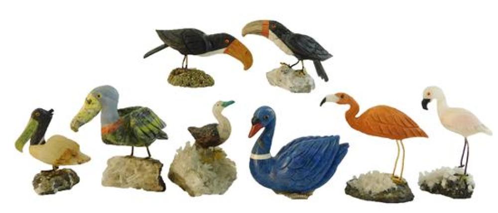 EIGHT CARVED HARDSTONE BIRDS WITH