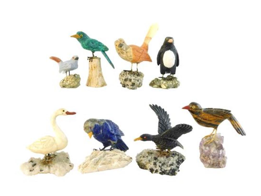 EIGHT CARVED HARDSTONE BIRDS WITH