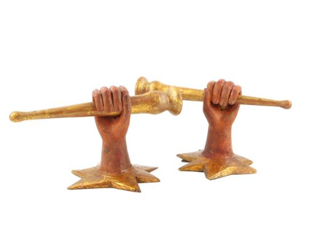 PAIR OF WOODEN HAND AND TORCH WALL