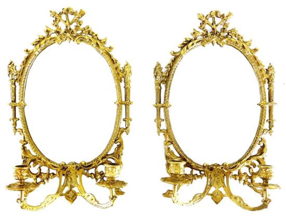 PAIR OF BRASS AND MIRROR SCONCES,