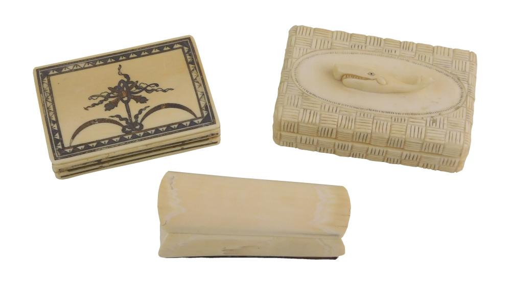 THREE BONE/IVORY BOXES: ONE WITH WHALE