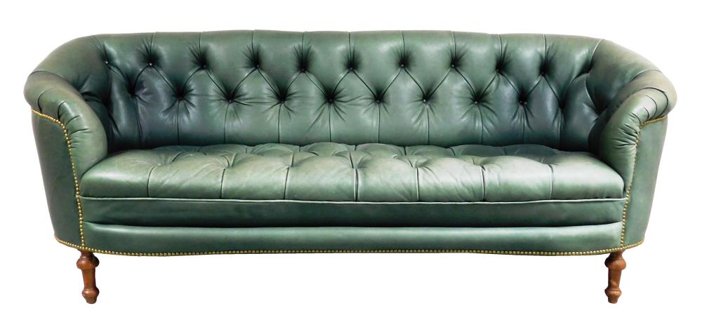 GREEN BUTTON TUFTED LEATHER SOFA,
