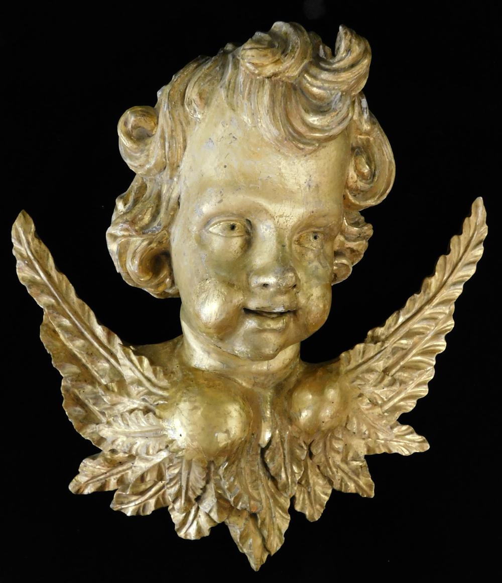 CARVED WOOD AND GILT ANGEL HEAD  31d68a