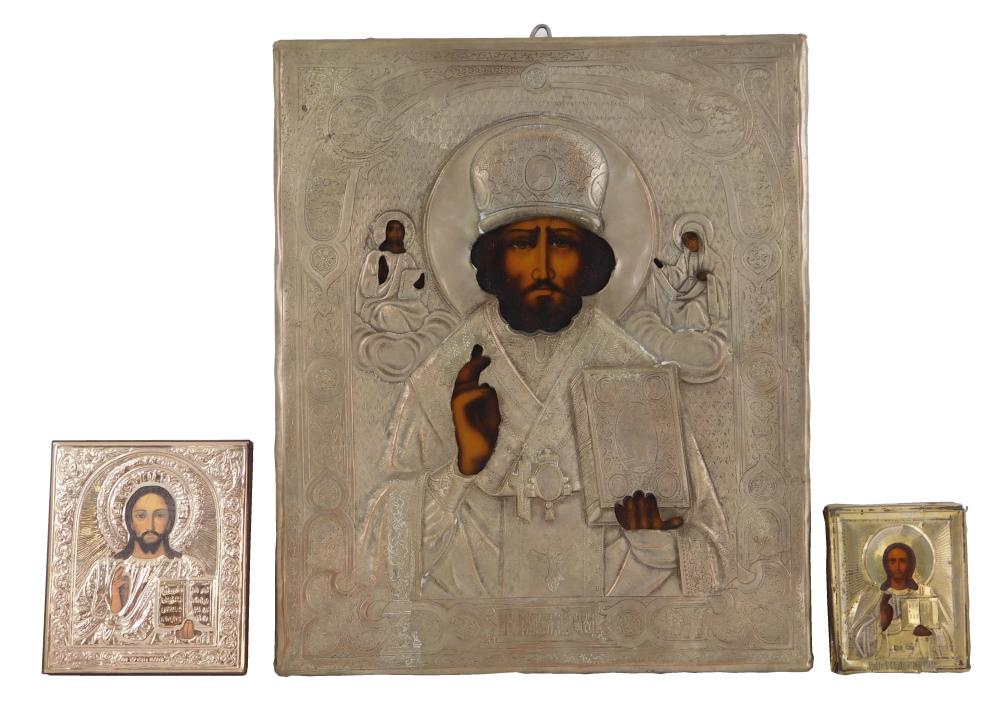 THREE ICONS ON PANEL, RUSSIAN,19TH/20TH