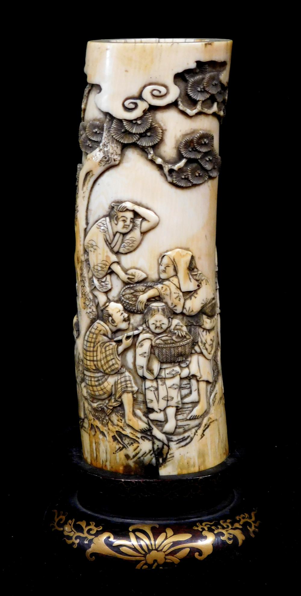 ASIAN CARVED IVORY TUSK ON STAND  31d691