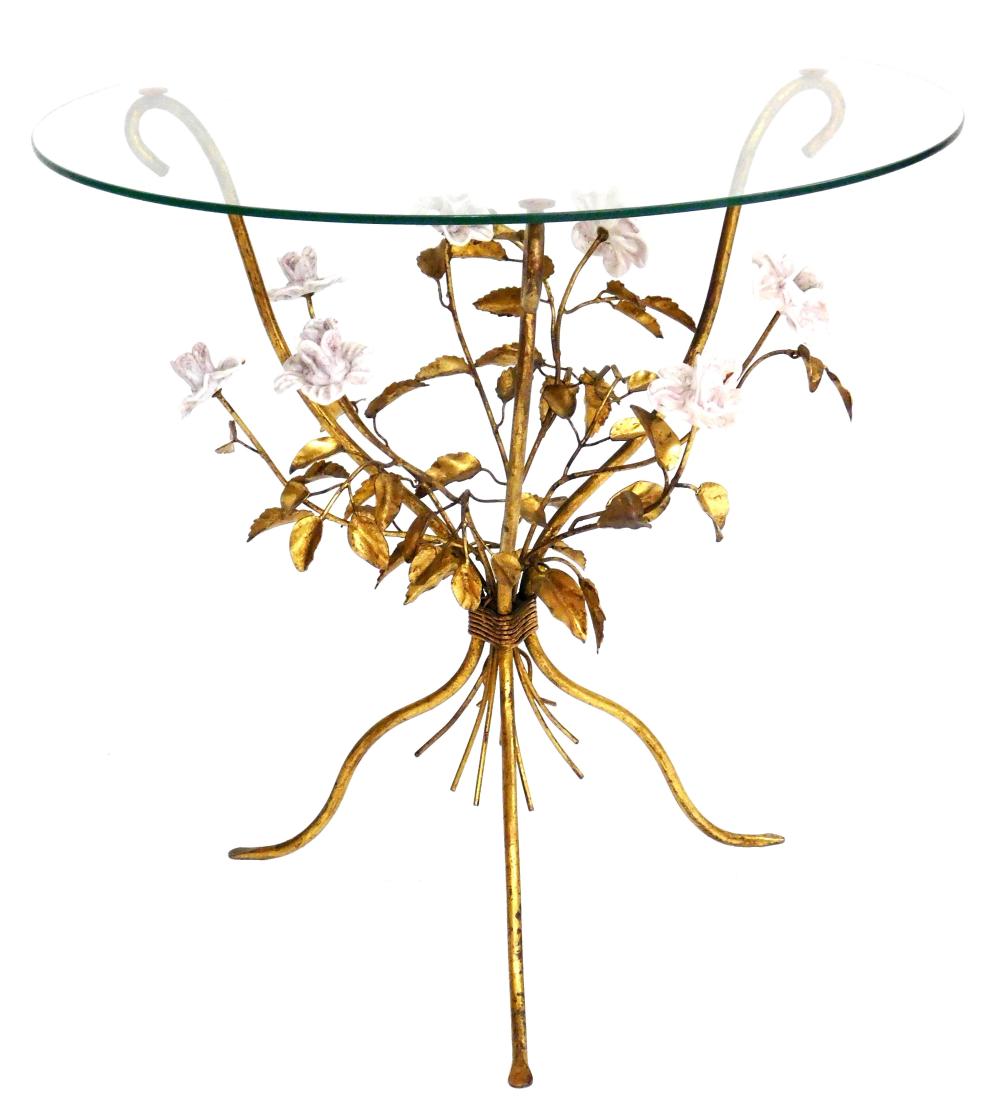 GILT METAL AND CERAMIC FLOWER TABLE