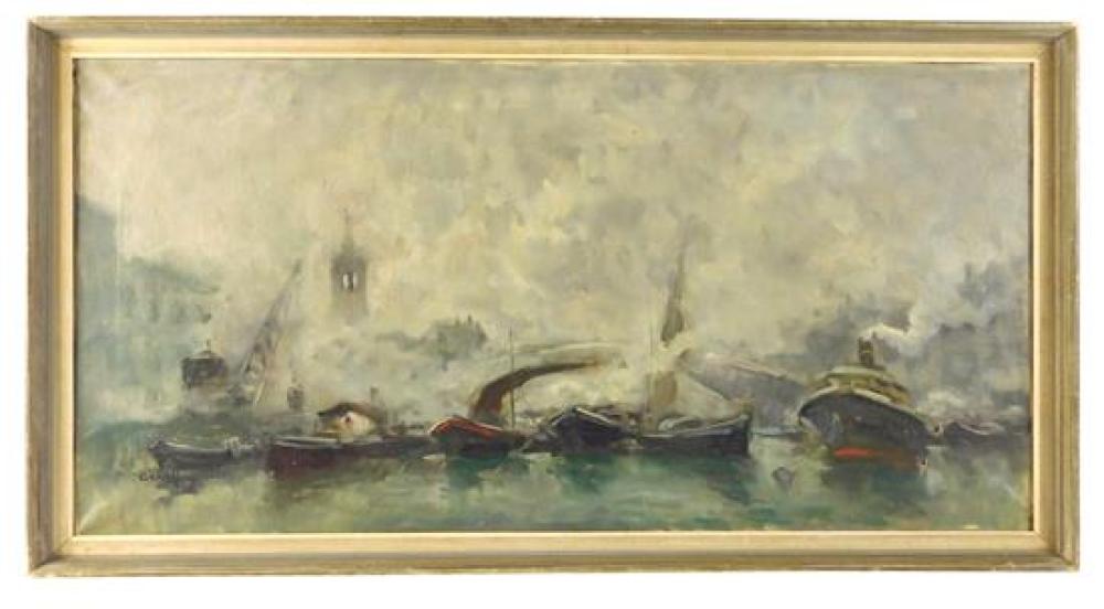 20TH. C. OIL ON CANVAS, MANY BOATS
